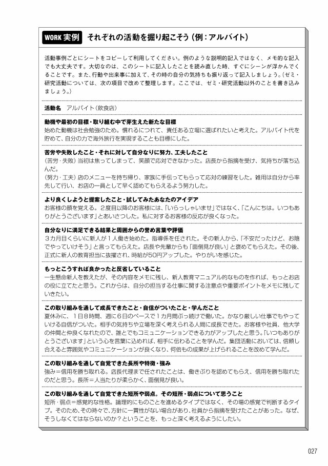 027 Work 実例 それぞれの活動を掘り起こそう 例 アルバイト 活動事例ごとにシートをコピーして利用してください 例のような説明的記入ではなく メモ的な記入 でも大丈夫です 大切なのは このシートに記入したことを読み直した時 すぐに